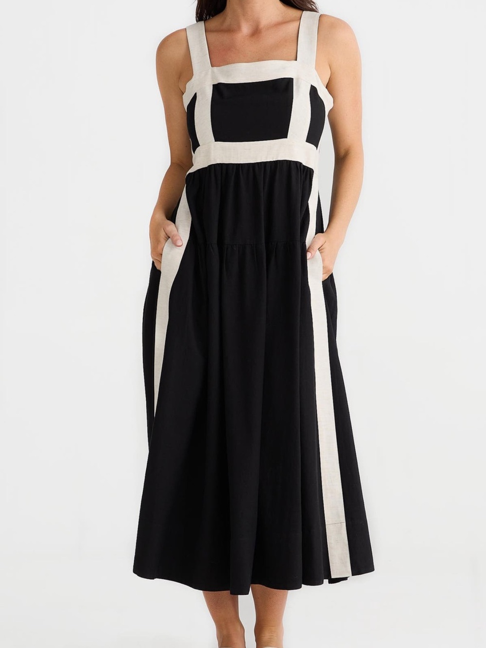 Brave + True Jolie Contrast Trim Midi Dress in Black & Natural